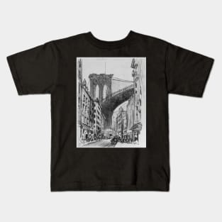 City sketch of New York with a view to Brooklyn Bridge Kids T-Shirt